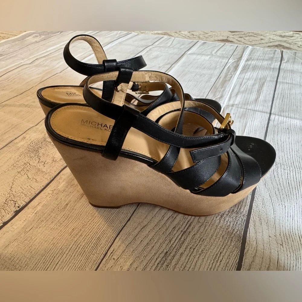 Michael Kors Black Strappy Wedge Sandals Size 8 Ankle Strap Heels